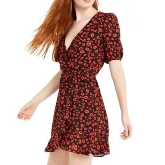 lola grace Dresses & Skirts - Valentines Day Print Short Sleeve Dress Ruffle Black Red Wrap Cocktail Summer